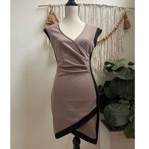 Bodycon taupe and black runner stripe asymmetric dress